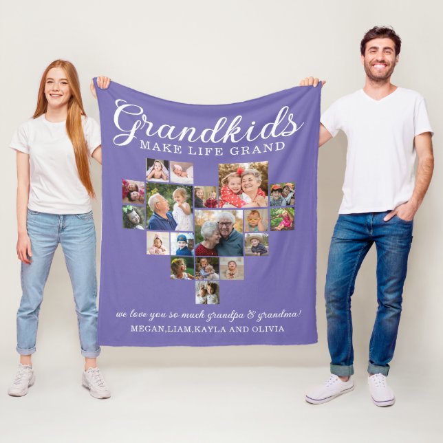  18 Photo Heart Collage Grandkids Quote Purple Fleece Blanket (In Situ)