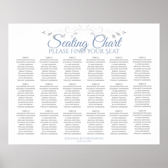 18 Table Blue & White Simple Wedding Seating Chart (Front)