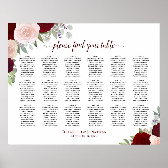 18 Table Burgundy Red & Pink Roses Seating Chart (Front)