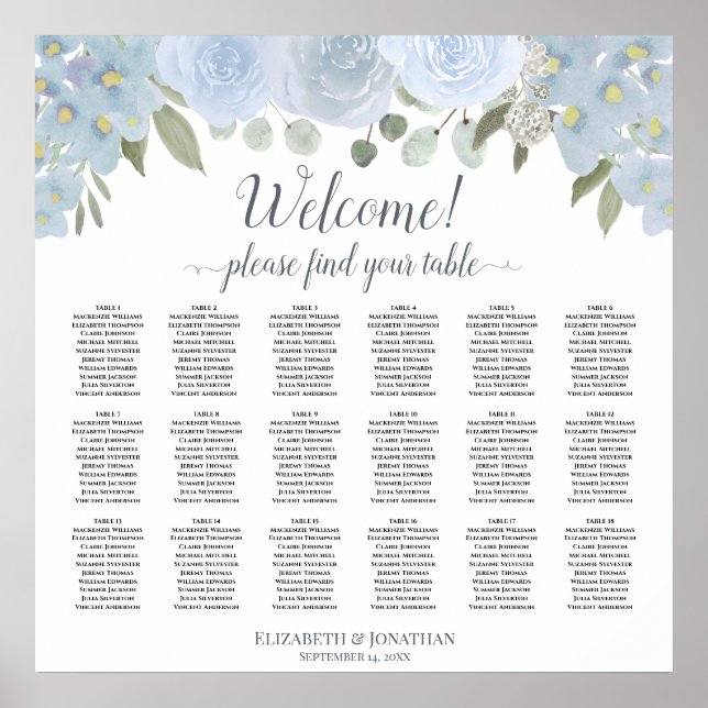 18 Table Dusty Blue Roses Wedding Seating Chart (Front)