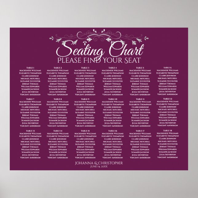 18 Table Elegant Cassis Wedding Seating Chart (Front)