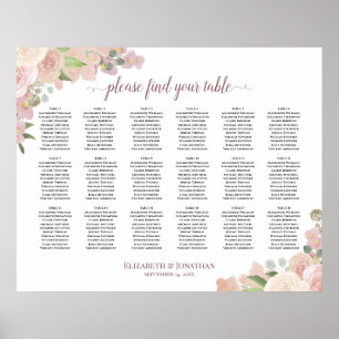 18 Table Elegant Pink Floral Wedding Seating Chart