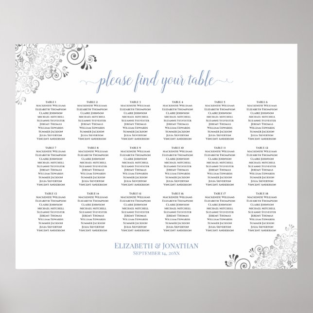 18 Table Frilly White Wedding Seating Chart Blue (Front)