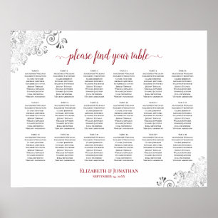 18 Table Frilly White Wedding Seating Chart Red