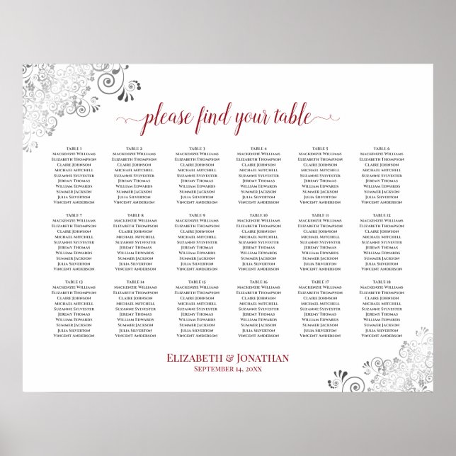 18 Table Frilly White Wedding Seating Chart Red (Front)
