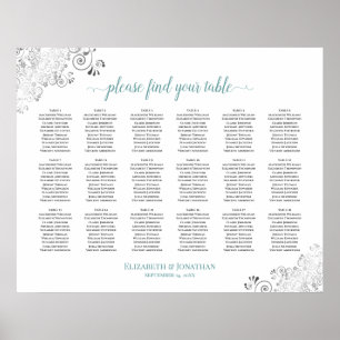 18 Table Frilly White Wedding Seating Chart Teal