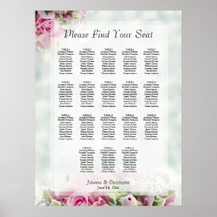 18 Table Pink Roses Wedding Seating Chart