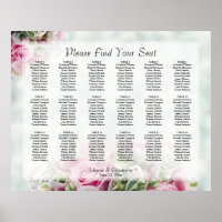 18 Table Pink Roses Wedding Seating Chart