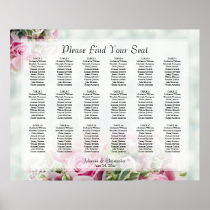 18 Table Pink Roses Wedding Seating Chart