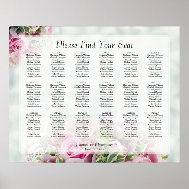18 Table Pink Roses Wedding Seating Chart (Front)