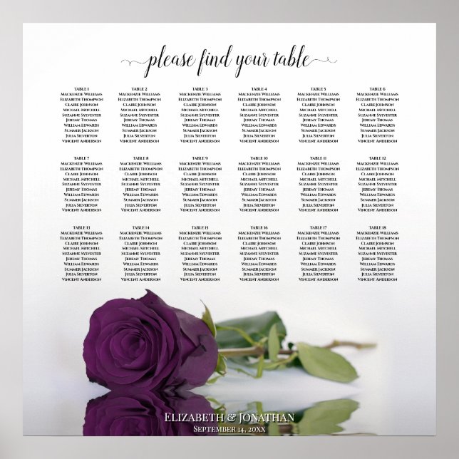 18 Table Plum Purple Rose Wedding Seating Chart (Front)