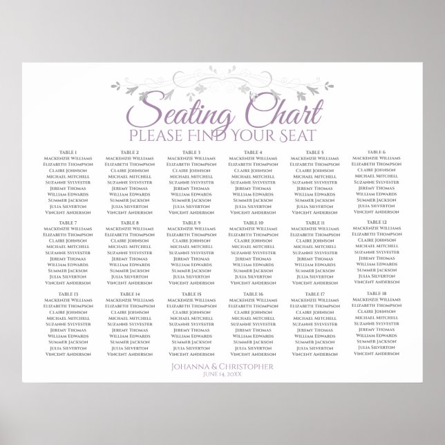 18 Table Purple & Grey Wedding Seating Chart (Front)