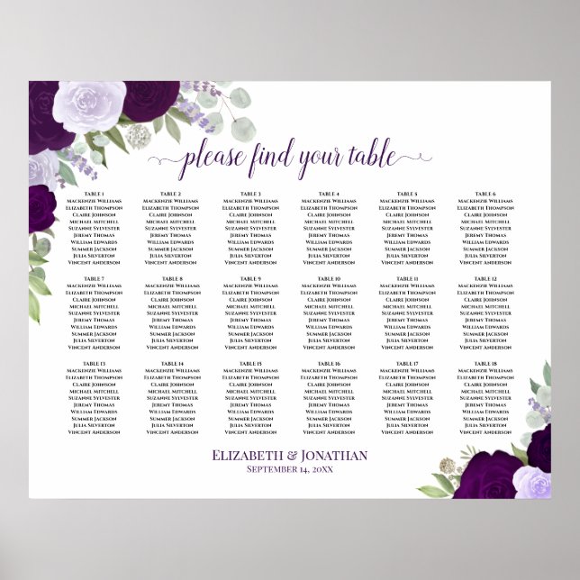 18 Table Rustic Purple Roses Wedding Seating Chart (Front)