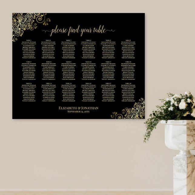18 Table Wedding Seating Chart Black & Gold Frills (In Situ on Wall)