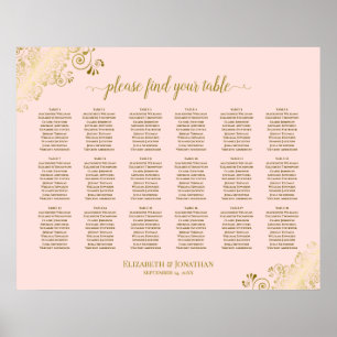 18 Table Wedding Seating Chart Blush Pink & Gold