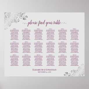 18 Table Wedding Seating Chart Cassis on Grey