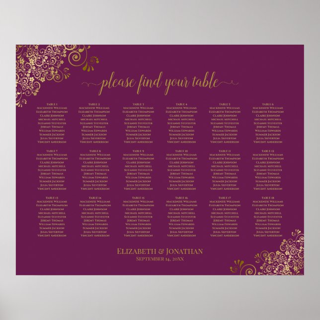 18 Table Wedding Seating Chart Cassis Purple Gold (Front)