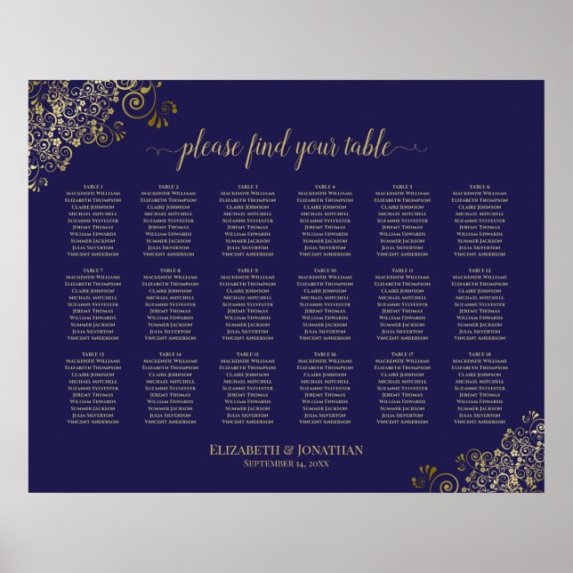 18 Table Wedding Seating Chart Navy Blue Lacy Gold (Front)