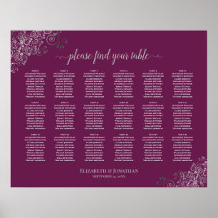 18 Table Wedding Seating Chart Silver on Cassis