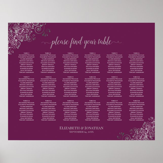 18 Table Wedding Seating Chart Silver on Cassis (Front)
