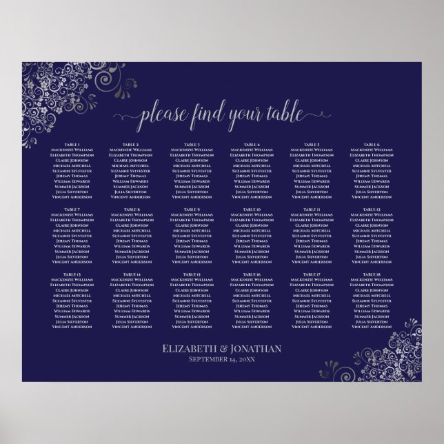 18 Table Wedding Seating Chart Silver on Navy Blue (Front)