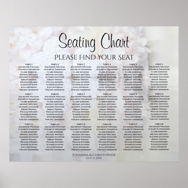 18 Table White Hearts Peony Wedding Seating Chart (Front)