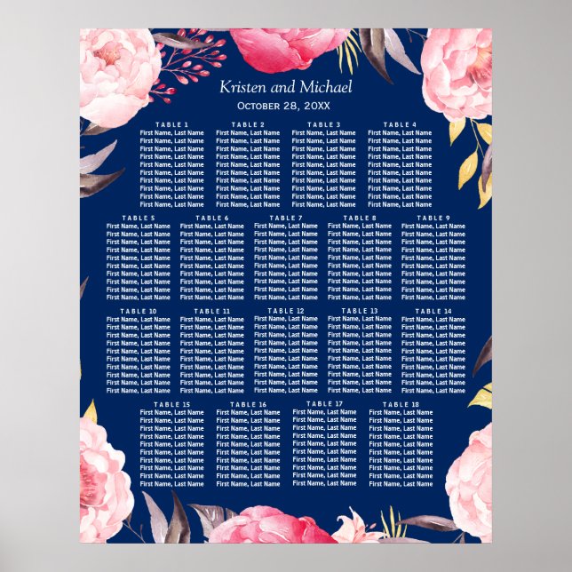 18 Tables Pink Floral Wreath Wedding Seating Chart (Front)