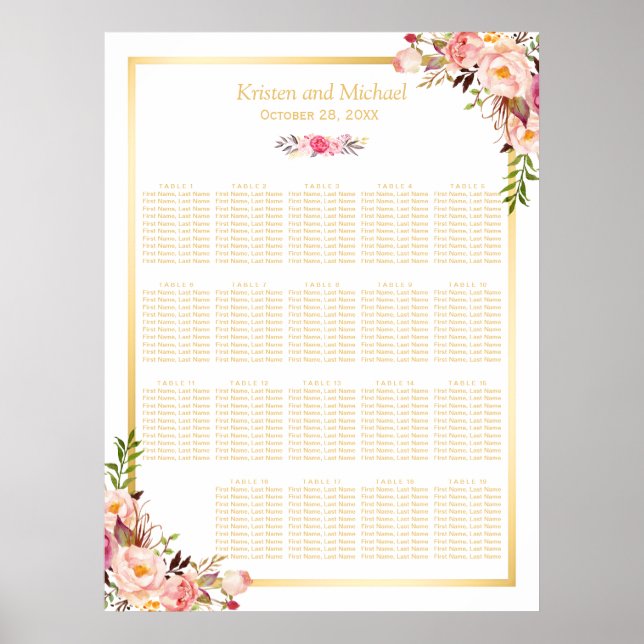 18+ Tables Wedding Seating Chart Floral Gold Frame (Front)
