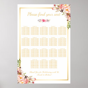 18 Tables Wedding Seating Chart Floral Gold Frame