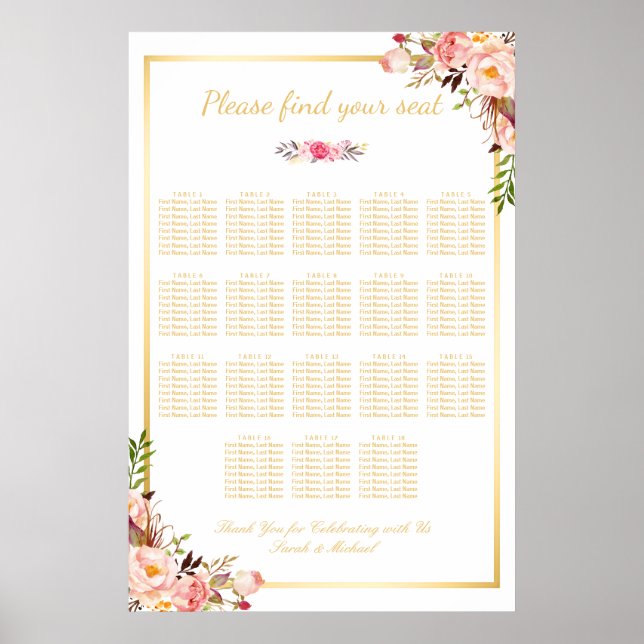 18 Tables Wedding Seating Chart Floral Gold Frame (Front)