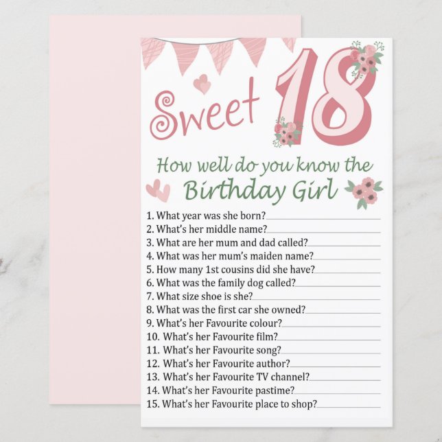 18 th birthday How well do you know the birthday (Front/Back)