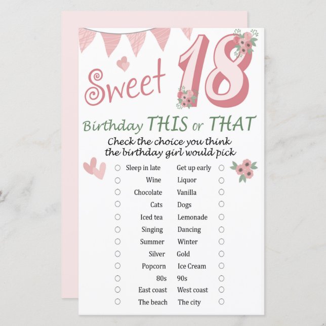 18 th Birthday This or That Game (Front/Back)