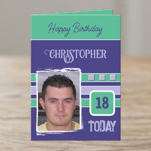 18 today add photo for him purple green birthday card