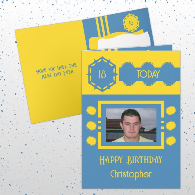 18 today add photo name yellow blue birthday card (Creator Uploaded)
