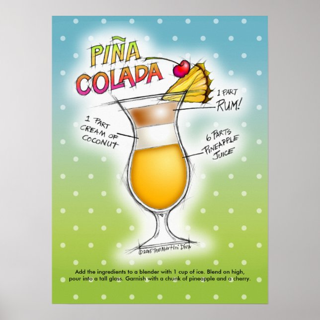 18" X 24" POSTER - PINA COLADA RECIPE COCKTAIL ART (Front)