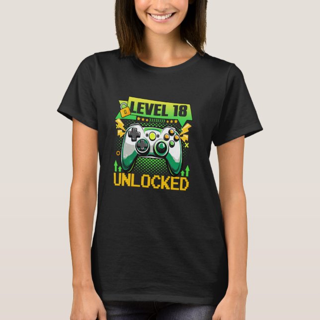 18 Years Old Level 18 Unlocked Video Game 18th Bir T-Shirt (Front)