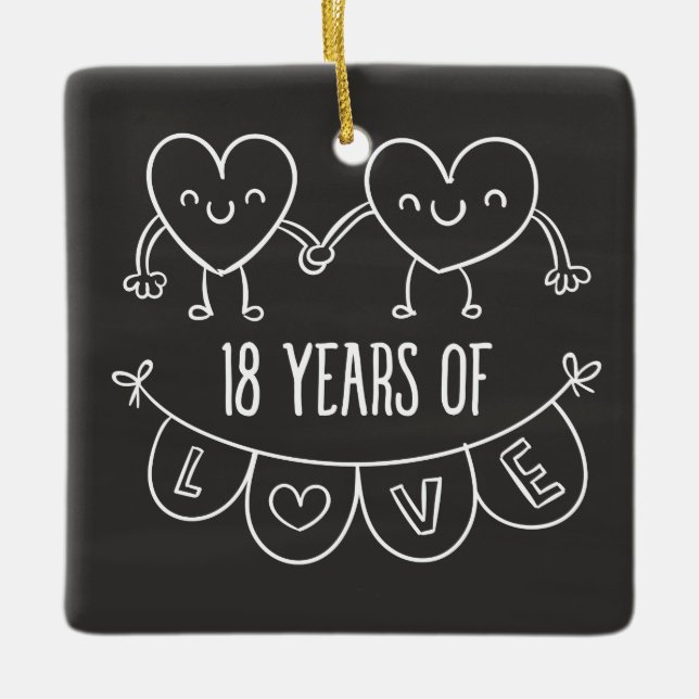 18th Anniversary Gift Chalk Hearts Ceramic Tree Decoration (Front)