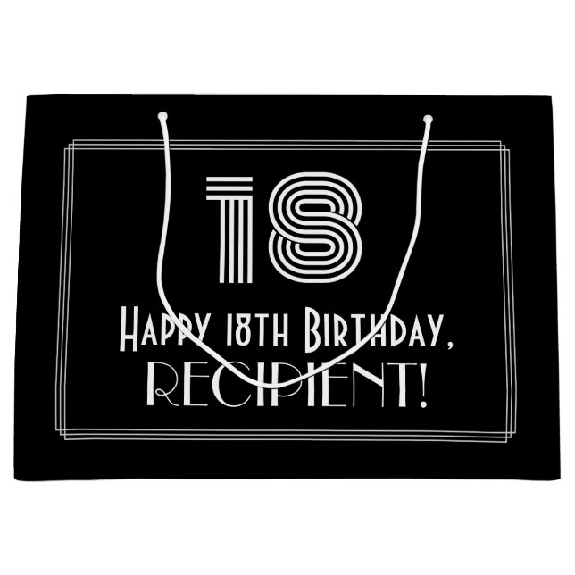 18th Birthday — Art Deco Inspired Look "18" & Name Large Gift Bag (Front)