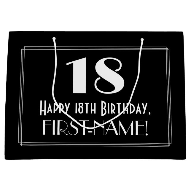 18th Birthday: Art Deco Inspired Style "18", Name Large Gift Bag (Front)