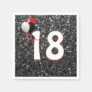 18th Birthday Balloons on Black Glitter Napkins