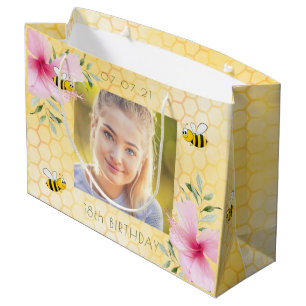 18th birthday bees pink flowers honeycomb large gift bag