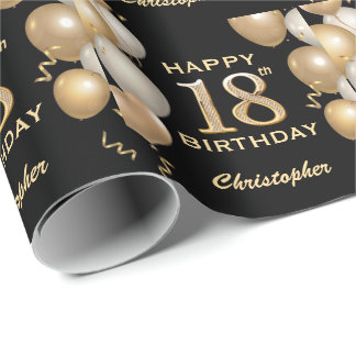 18th Birthday Black and Gold Glitter Balloons Wrapping Paper