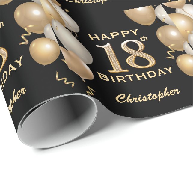 18th Birthday Black and Gold Glitter Balloons Wrapping Paper (Roll Corner)