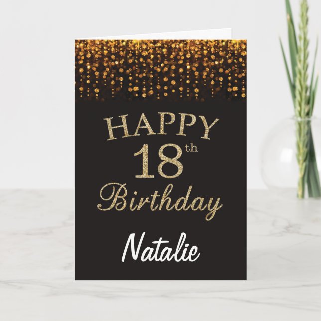 18th Birthday Black and Gold Glitter Card (Front)