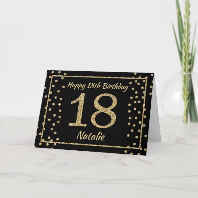 18th Birthday Black and Gold Glitter Confetti Card (Front)