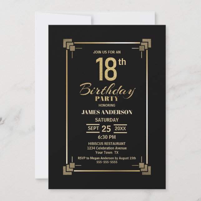 18th Birthday Black and Gold Party Invitation (Front)