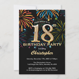 18th Birthday Black and Gold Rainbow Fireworks Invitation