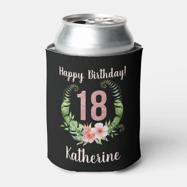 18th birthday black floral can cooler (Can Front)