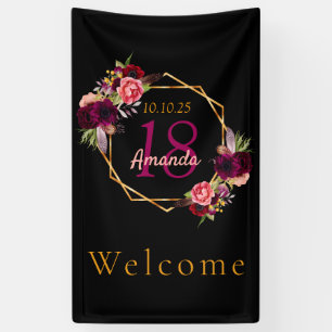 18th birthday black floral gold geometric burgundy banner