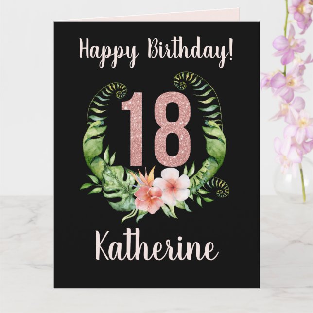 18th Birthday Black Floral Name Card (Orchid)